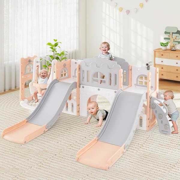 10-in-1 toddler slide and swing set with double slides and tunnel, perfect for outdoor play and fun.