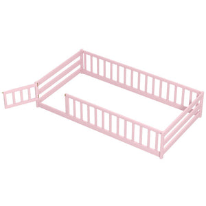 Twin Size Montessori Floor Bed Frame with Full Length Safety Guardrails-Pink