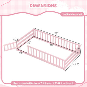 Twin Size Montessori Floor Bed Frame with Full Length Safety Guardrails-Pink