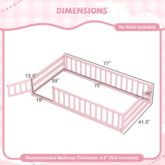 Twin Size Montessori Floor Bed Frame with Full Length Safety Guardrails-Pink
