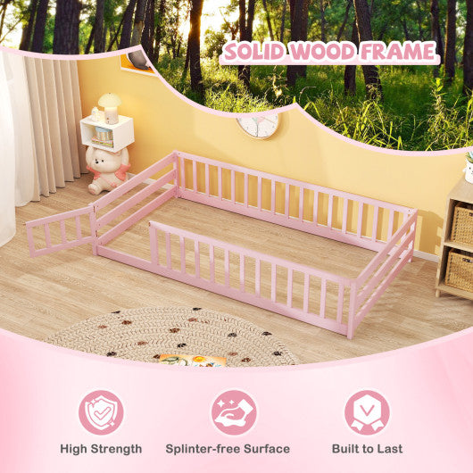 Twin Size Montessori Floor Bed Frame with Full Length Safety Guardrails-Pink