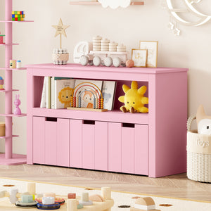Kid toy storage cabinet with 3 drawers and wheels, perfect for organizing toys in a playful, stylish way.