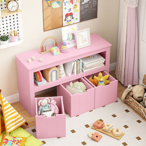 Kid toy storage cabinet with 3 drawers and wheels, perfect for organizing toys in a playful space.