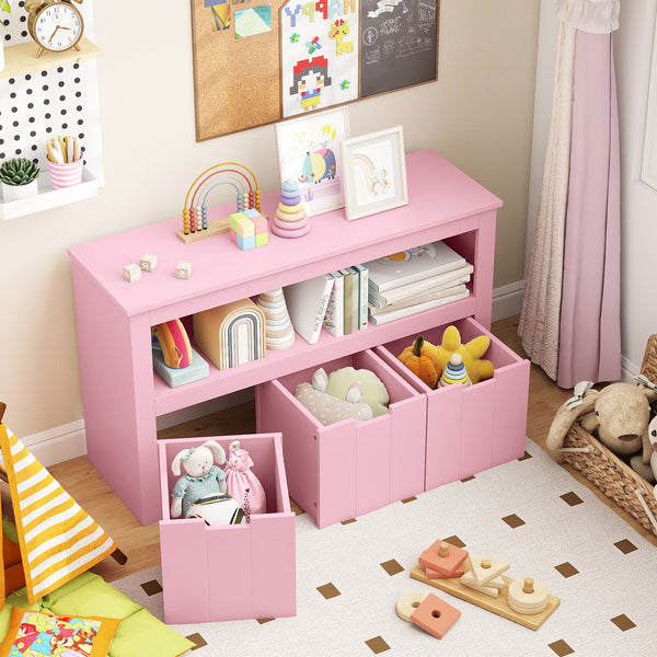 Kid toy storage cabinet with 3 drawers and wheels, perfect for organizing toys in a playful space.