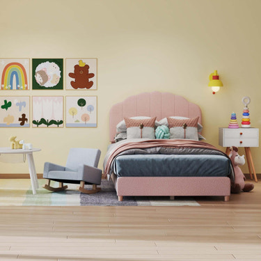 Children’s Room Furniture Bundle: Twin Pink Bed  Blue & Pink Rocking Chairs  Storage End Table