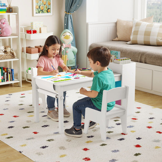 Kids art table and chairs set with 2 chairs and paper roll, perfect for creative playtime.