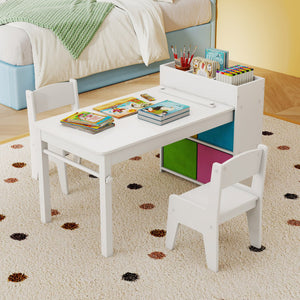 Kids art table and chairs set with 2 chairs and paper roll, white, angled view for creative playtime.