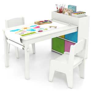 Kids art table and chairs set with 2 chairs and paper roll, white, shown from angle 3. Perfect for creative play!