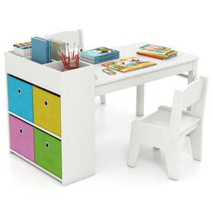 Kids art table and chairs set with 2 chairs and paper roll, white, shown from angle 4. Perfect for creative play!