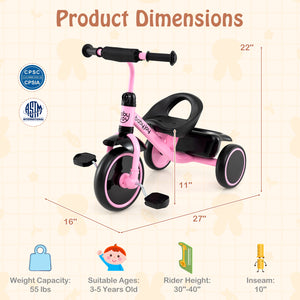 Toddler Tricycle Kids Trike with Adjustable Seat and Basket Aged 3-5 Years Old