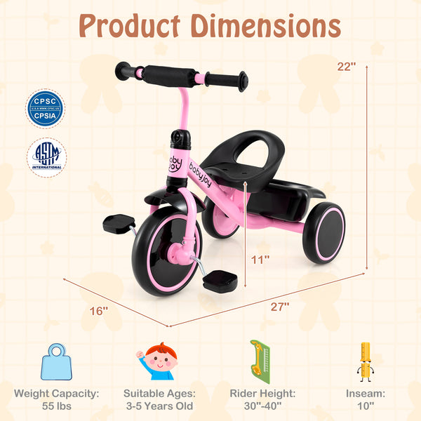 Toddler Tricycle Kids Trike with Adjustable Seat and Basket Aged 3-5 Years Old