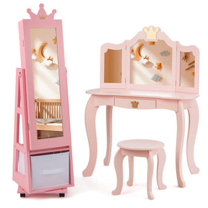 Kids Vanity Set + Kids Jewelry Armoire with Full-Length Mirror with Drawer