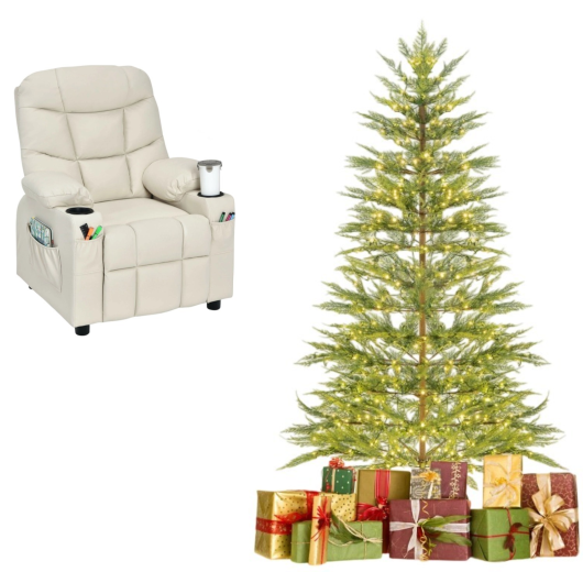 6.5FT Pre-Lit Christmas Tree & Beige Kids Recliner Chair Set  Cozy Holiday Bundle