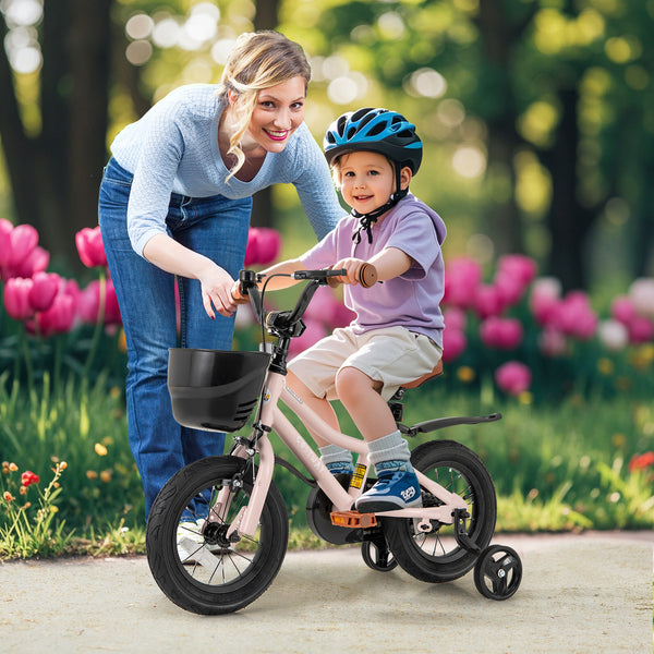 12-inch black and pink kids bike with helmet protective set, perfect for safe outdoor play. Angle 2 view.
