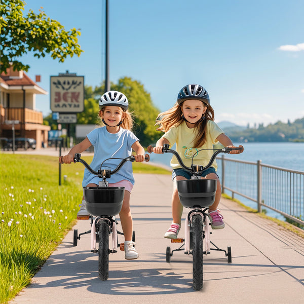 12-inch black and pink kids bike with helmet and protective set for safe outdoor fun.