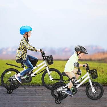 14-inch kids bike with white helmet and protective set, perfect for safe outdoor fun and play.