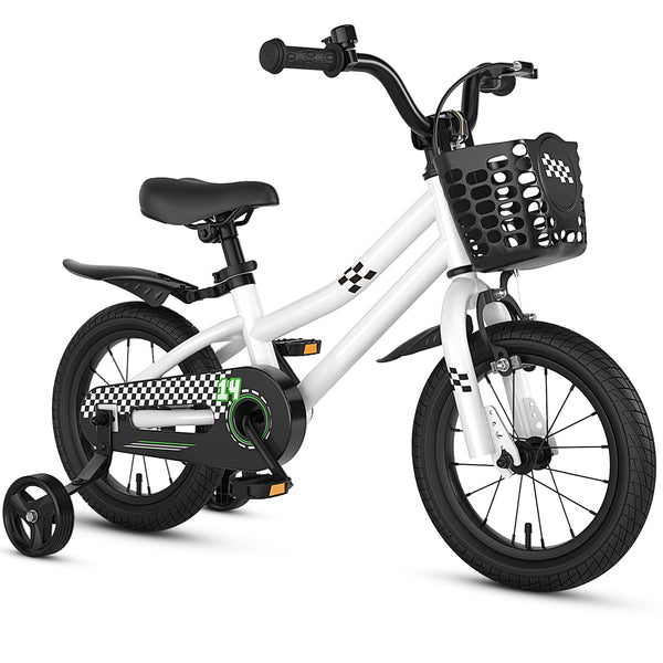 14-inch kids bike with white helmet and protective set, perfect for safe outdoor play and adventure.