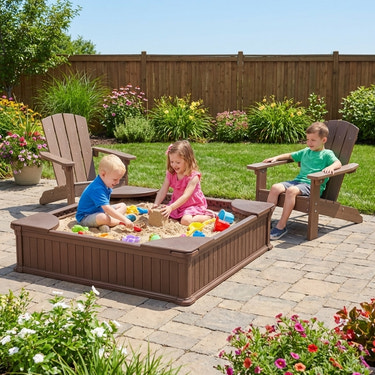 Kids Sandbox with Cover and Seats with 2 Kids Adirondack Chairs