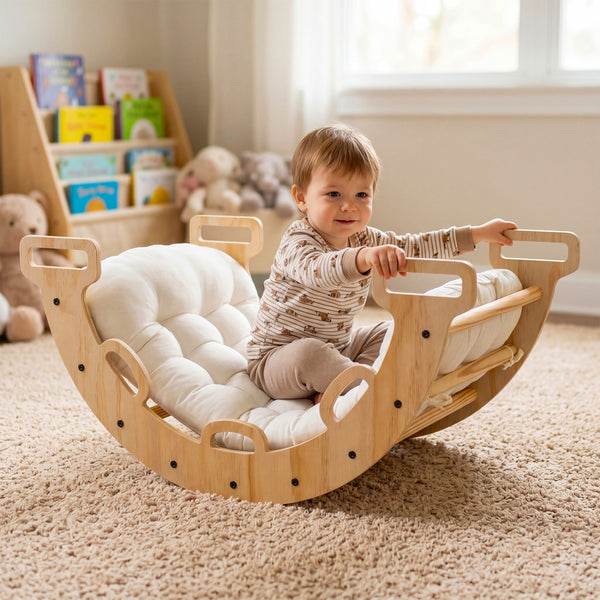 Wooden Rocking Climbing Arch with Cushion 3-in-1 Montessori Kids Climber Rocker
