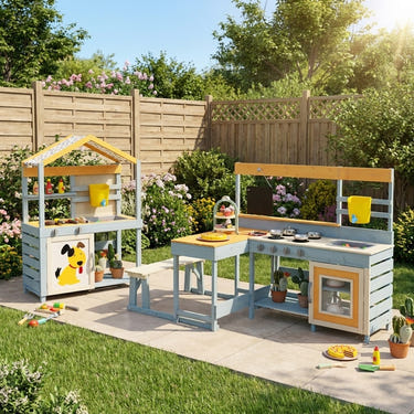 Ultimate Kids Outdoor Play Complex: 4-in-1 Wooden Mud Kitchen & BBQ Grill Set with Picnic Table