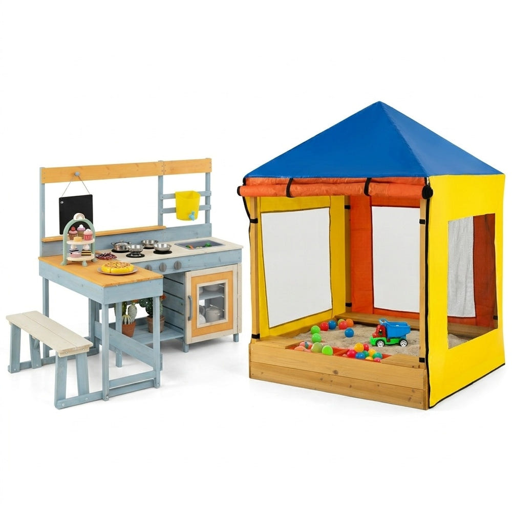 Ultimate Kids Outdoor Backyard Play Center: 3-in-1 Wooden Mud Kitchen & Picnic Table Set with Fully Covered Canopy Sandbox