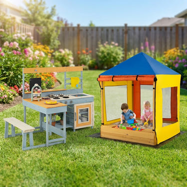 Ultimate Kids Outdoor Backyard Play Center: 3-in-1 Wooden Mud Kitchen & Picnic Table Set with Fully Covered Canopy Sandbox