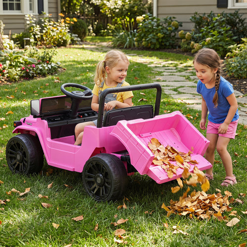 12V Electric Toyota Ride On Truck with Dump Bed and Music, angled view, perfect for kids' outdoor fun.