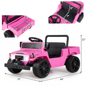 12V Toyota Electric Ride On Truck with Dump Bed and Music, angled view, perfect for outdoor fun.