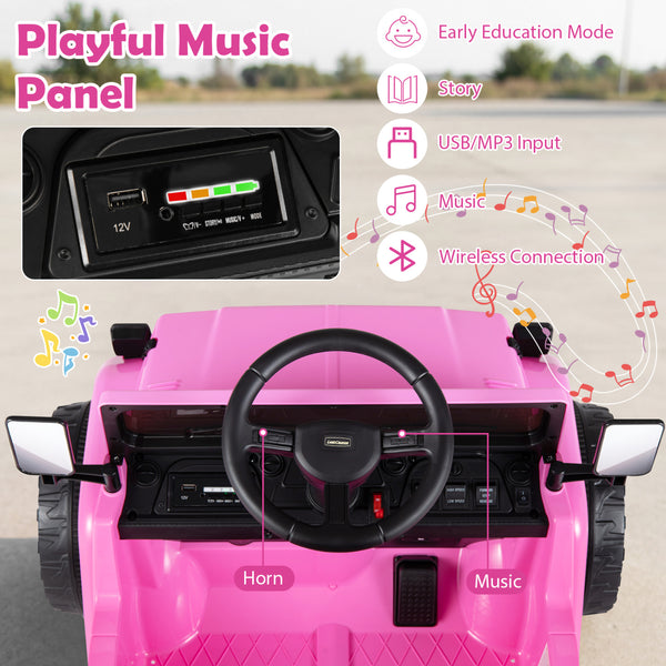 12V Electric Toyota Ride On Truck with Dump Bed and Music, angled view showcasing fun features for kids.