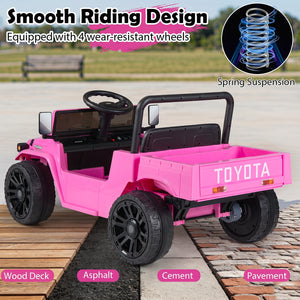 12V Electric Toyota Ride On Truck with Dump Bed and Music, angle view, perfect powered toy for adventurous kids.