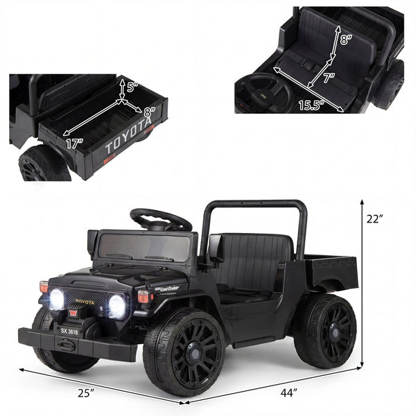 12V Electric Toyota Ride On Truck with Dump Bed and Music, angled view showcasing fun features for kids.