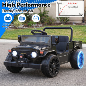 12V Toyota Electric Ride On Truck with dump bed and music, perfect for kids' outdoor playtime adventures.