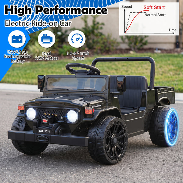12V Toyota Electric Ride On Truck with dump bed and music, perfect for kids' outdoor playtime adventures.