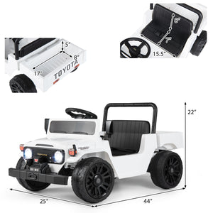 12V Electric Toyota Ride On Truck with Dump Bed and Music, angled view, perfect for kids' outdoor play.