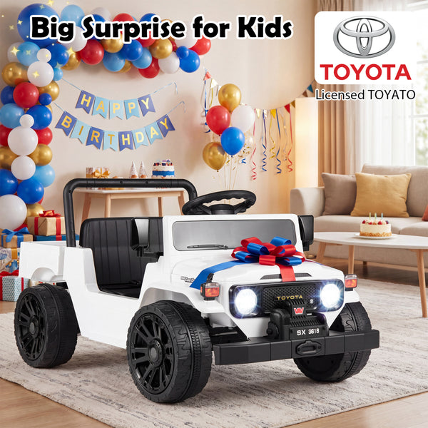 12V Electric Toyota Ride On Truck with Dump Bed and Music, angled view showcasing fun features for kids.