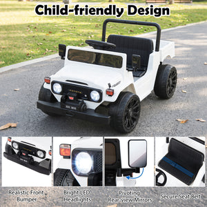 12V Electric Ride On Toyota Truck with Dump Bed and Music, angled view showcasing fun features for kids.