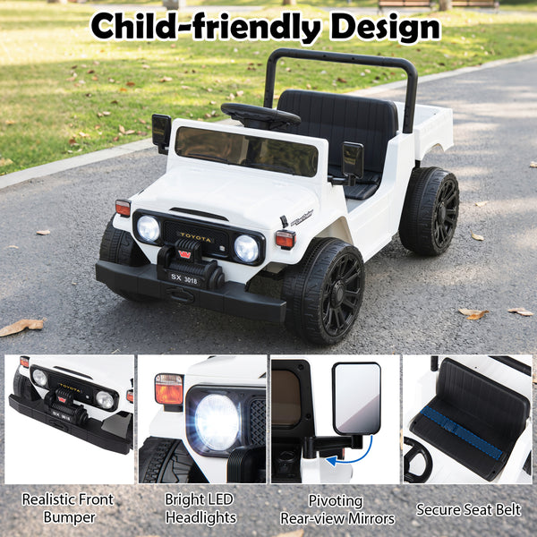 12V Electric Ride On Toyota Truck with Dump Bed and Music, angled view showcasing fun features for kids.