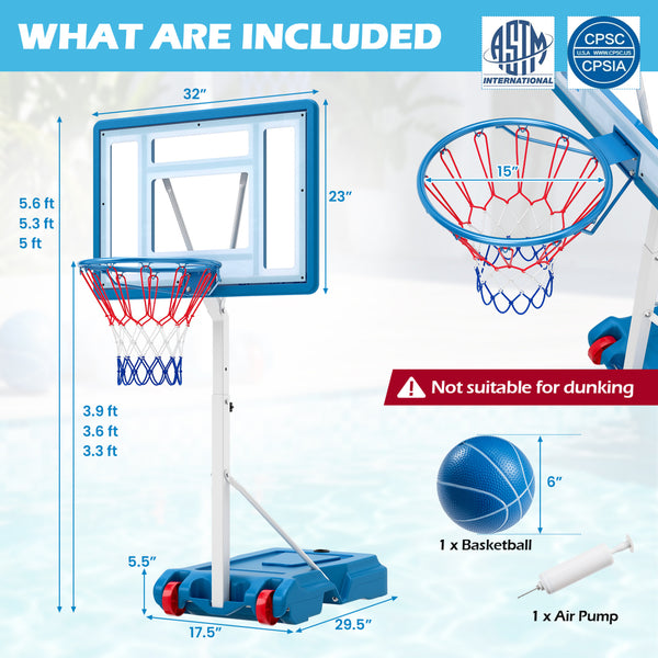 3.3-3.9 Feet Pool Basketball Hoop Adjustable with Shatterproof Backboard