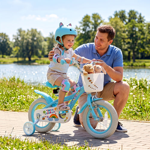 12-inch girls bike for ages 3-4, blue with training wheels and basket, perfect for spring parties. Angle view.