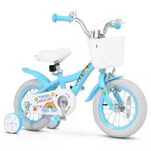 12-inch girls bike for ages 3-4, blue with training wheels and basket, perfect for spring parties. Angle 2 view.