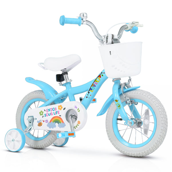 12-inch girls bike for ages 3-4, blue with training wheels and basket, perfect for spring parties. Angle 2 view.