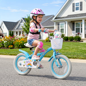 12-inch girls bike for ages 3-4, featuring training wheels and basket in Spring Party Blue, angled view.