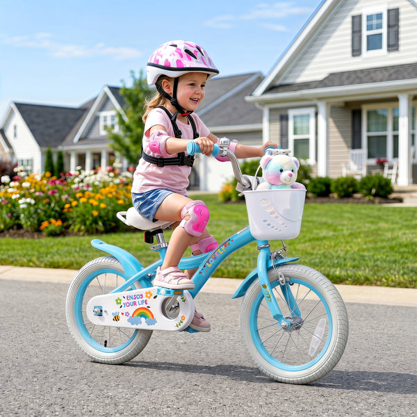 12-inch girls bike for ages 3-4, featuring training wheels and basket in Spring Party Blue, angled view.