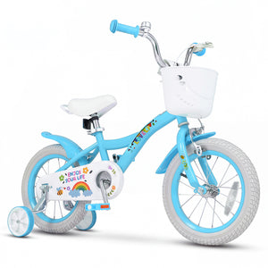 12-inch girls bike in spring party blue for 3-4 years old, featuring training wheels and a basket, angled view.