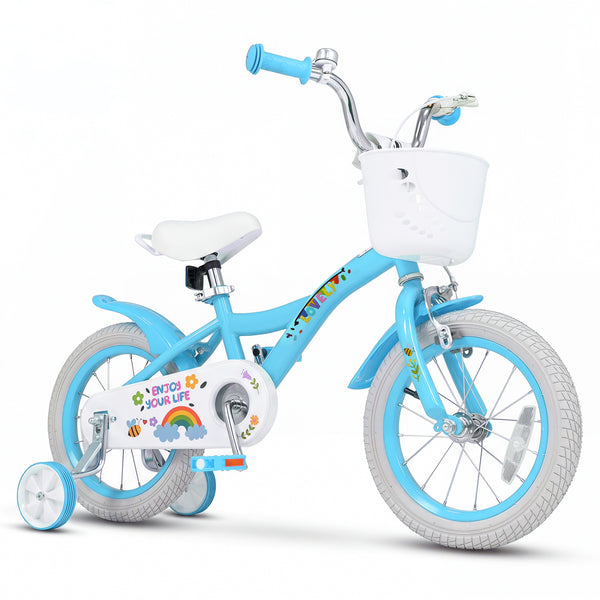 12-inch girls bike in spring party blue for 3-4 years old, featuring training wheels and a basket, angled view.