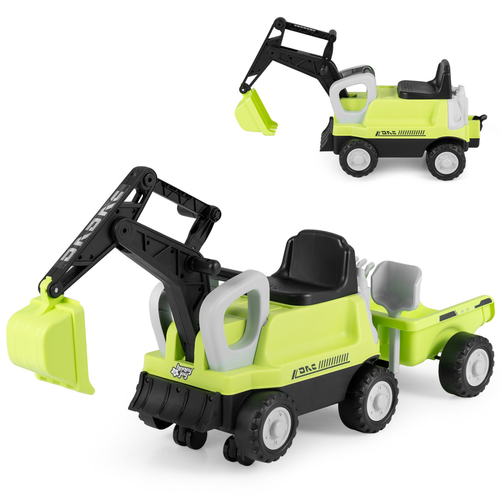 2-In-1 Kids Ride on Tractor with Digging Arm and Detachable Trailer