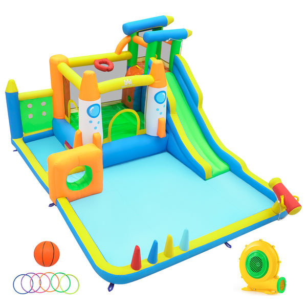 10-in-1 inflatable bounce house with water slide for kids, includes 680W blower, perfect for outdoor and water play.