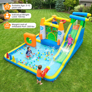 10-in-1 inflatable bounce house with water slide, kids playing outdoors, angle view showcasing fun features.