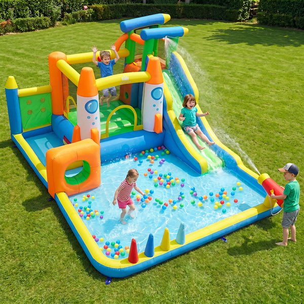 10-in-1 inflatable bounce house with water slide for kids, featuring a 680W blower, perfect for outdoor play.
