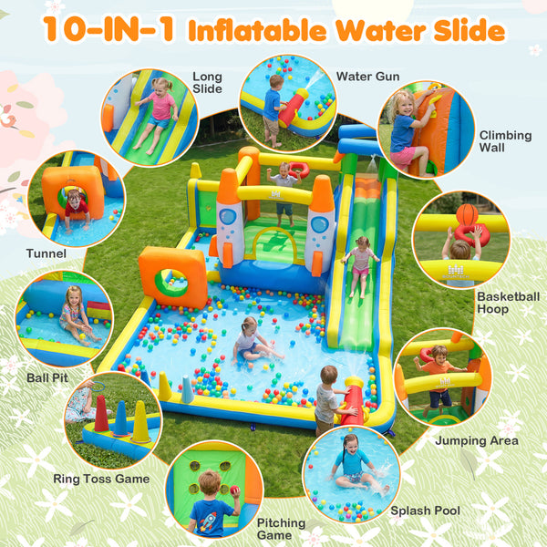 10-in-1 inflatable bounce house with water slide for kids, featuring a 680W blower, perfect for outdoor play.